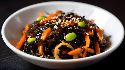 Nutritious Traditional Japanese Hijiki Salad with Seaweed, Carrots, Edamame, and Sesame Seeds