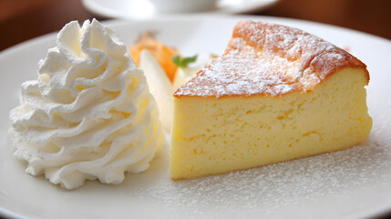 Fluffy and Light Japanese Cheesecake Served with Whipped Cream on a Plate with Garnishes
