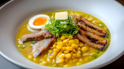 Generous Serving of Hokkaido Style Ramen with Butter, Corn, Pork, Green Onion and Egg on a White Plate
