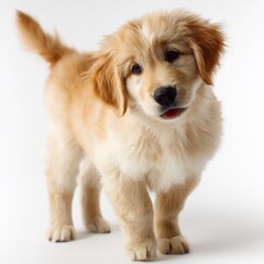 Adorable golden retriever puppy standing on white background looking curious with playful expression and fluffy fur