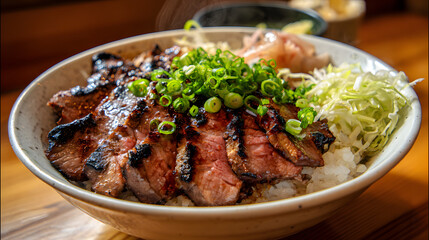 Grilled Beef Tongue Bowl with Rice and Fresh Greens Garnished with Scallions and Pickled Ginger