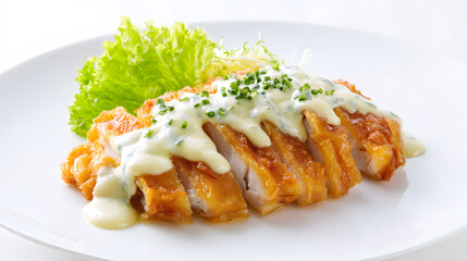 Crispy Fried Chicken Thigh Fillet with Sauce and Vegetables on Plate in Elegant Restaurant Setting