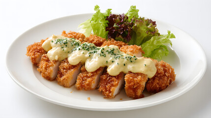 Crispy Fried Chicken Thigh Fillet with Creamy Sauce on White Plate Surrounded by Fresh Green Lettuce