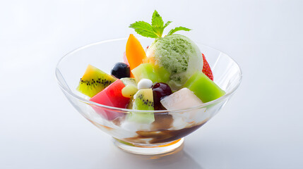 Traditional Anmitsu Dessert with Fresh Fruits and Matcha Ice Cream in a Transparent Bowl
