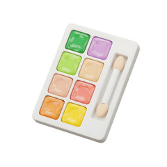 A white cosmetic palette with various colorful eyeshadows and a makeup applicator against a transparent background. Includes shades of green orange yellow pink and purple