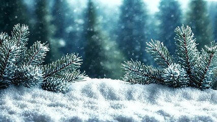 Serene winter background with snowy fir branches and softly falling snow creating a peaceful scene - Powered by Adobe