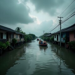 Naklejka premium Longtail Boats on Thai Canal with Traditional Houses