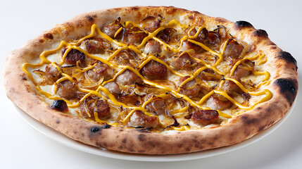 Rustic Neapolitan Style Pizza with Unique Toppings and Golden Sauce Drizzled Artfully on Top