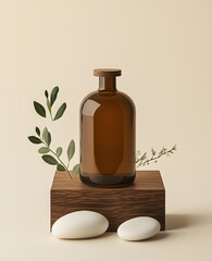 Amber Bottle on Wooden Block

