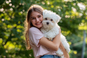 A woman holding a small white dog in her arms.