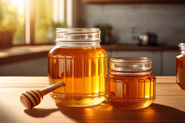 Glass Jar of Natural Honey on Wooden Kitchen Table