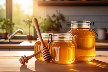 Glass Jar of Natural Honey on Wooden Kitchen Table