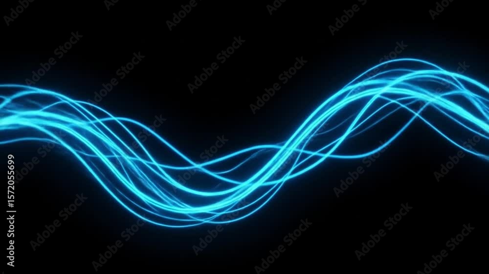 Poster flowing blue neon light waves against a black background creating a dynamic and futuristic visual ef