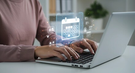 man typing on a  schedule plan calendar on laptop