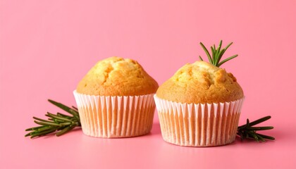 Two golden muffins, topped with sprigs of rosemary, sit on a bright pink surface