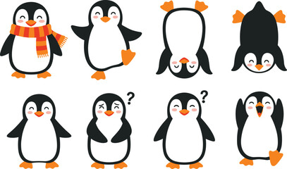 Cute cartoon penguin collection in various poses and expressions, playful winter animals, perfect for kids designs, holidays, and educational content