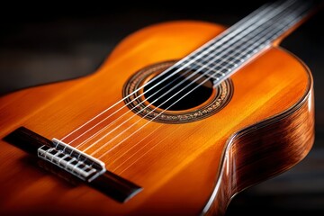 Obraz premium Close up of a classical acoustic guitar with polished wood grain and six strings
