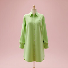 mock up tunic, long green pastel colored tunic with casual design, made of lightweight material, long sleeves with buttons on the front, on a mannequin, ai generated images