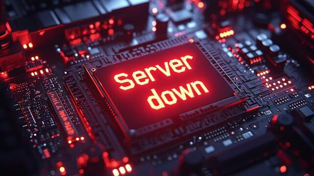 Animated concept of a server down incident. Data center error alert with blinking lights and warning symbols. Perfect for IT, cybersecurity, and downtime visuals
