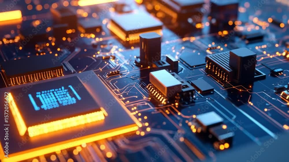 Poster close up of glowing computer chip on circuit board