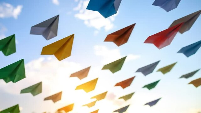 Colorful Paper Airplanes Soaring in a Blue Sky