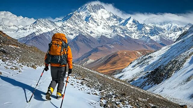 Solo trekker ascends snowy mountain trail towards majestic Himalayan peaks adventure