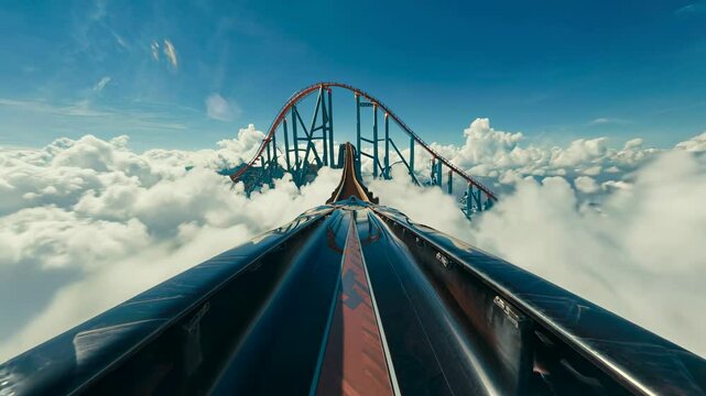 first-person view from the top of a roller coaster, right before the drop. Suddenly, the cart plunges downward at high speed, passing through clouds and racing along the tracks