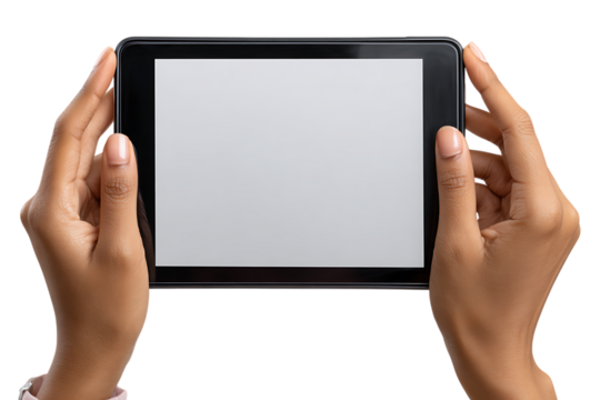 Woman s hands holding a black tablet device with a blank white screen isolated on transparent background - Powered by Adobe