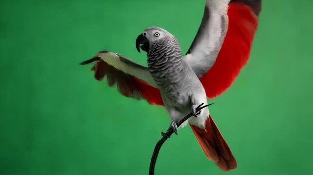 Gray parrot with red tail flying against a solid green background in a studio setting green screen bird video