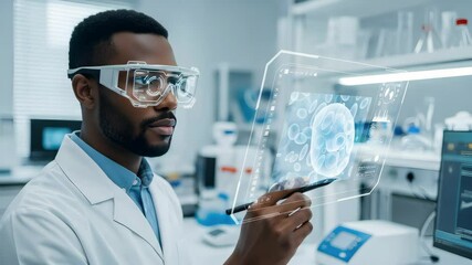 Focused Male Scientist in Lab Coat Using Digital Pen and Smart Glasses to Analyze Holographic Brain Model - Powered by Adobe