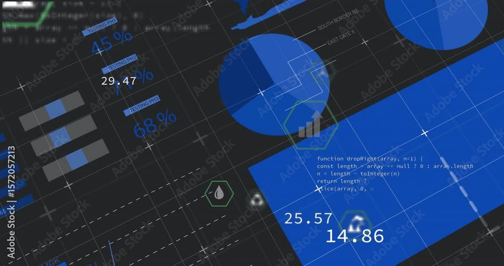 Poster opening dark grid interface animating bars, fading icons and rising charts, visualizing data