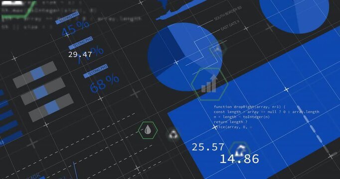 Opening dark grid interface animating bars, fading icons and rising charts, visualizing data