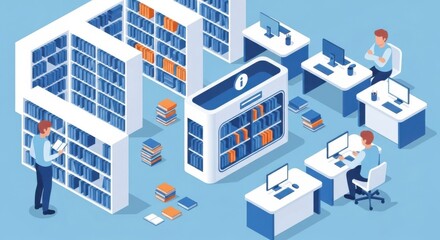 Fototapeta premium Isometric illustration of people in a library with bookshelves