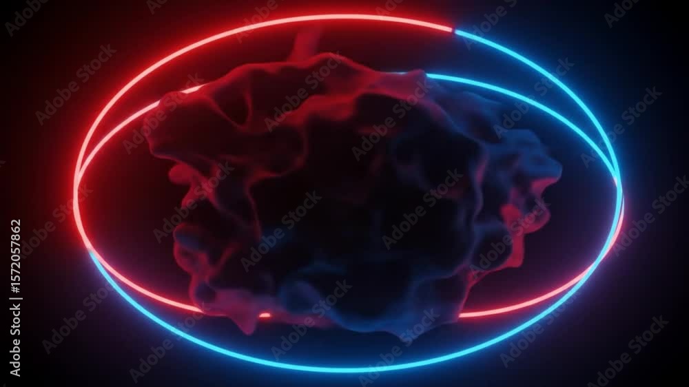Poster abstract form with red and blue neon rings surrounding it on a dark background in a modern style