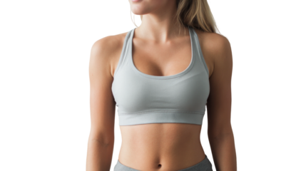 Torso of a blonde woman wears a sports bra isolated on transparent background.
