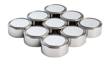 Ten metallic paint cans are stacked on transparent background in a triangular arrangement.