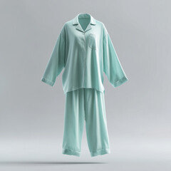 pajama mock up, plain mint green sheer rayon pajamas with wide collar, floating, neutral light gray background with soft studio lighting, ai generated images.