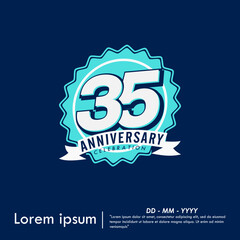 35th years anniversary celebration emblem. congratulation anniversary blue medal logo isolated with ribbon on blue background. vector illustration template design for web banner