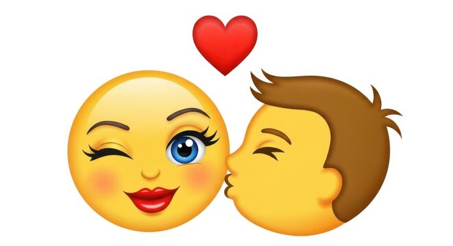 A winking emoji receives a kiss under a floating red heart on white