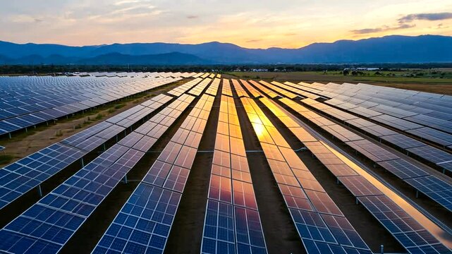 Aerial view of solar panels reflecting sunset light in a vast landscape with mountains