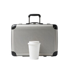 Gray suitcase with coffee cup in front on white background  