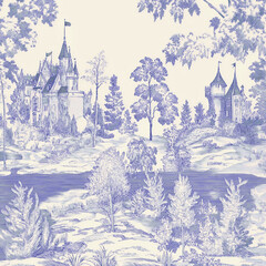 blue purple landscape fabric pattern with castle wall paper wedding invitation 
