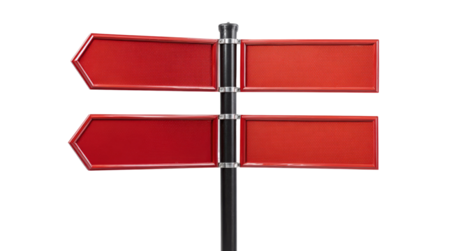 Red metal direction signs attached to a black pole are isolated on transparent background.
