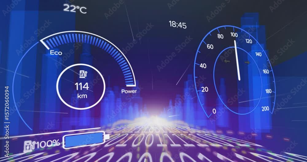 Poster dashboard starting charging on low-battery, transitioning into driving simulation showing stats