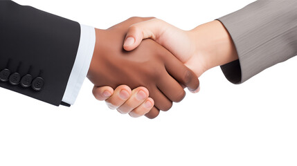 Obraz premium Diverse hands joining in a firm handshake, symbolizing a successful partnership and deal
