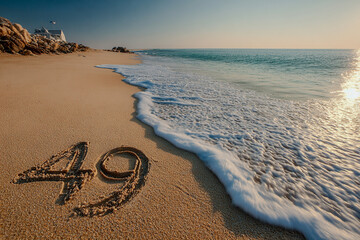 Beach Number Art 49 in Warm Sand with Flowing Handwritten Style and Pastel Ocean Background for Calm Nature-Inspired Typography and Decorative Design