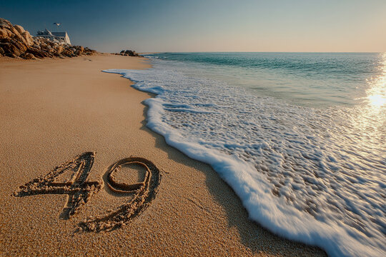 Beach Number Art 49 in Warm Sand with Flowing Handwritten Style and Pastel Ocean Background for Calm Nature-Inspired Typography and Decorative Design