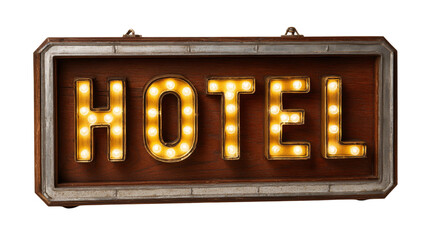 Illuminated hotel sign with warm glowing lightbulbs is attached to rustic frame.