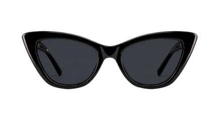 Black cat eye sunglasses feature dark lenses and a glossy frame.
