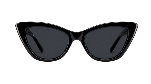 Black cat eye sunglasses feature dark lenses and a glossy frame.
